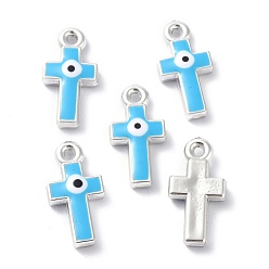 Deep Sky Blue CCB Plastic Enamel Pendants, Cross with Evil Eye, Deep Sky Blue, 21.5x11x4mm, Hole: 1.6mm