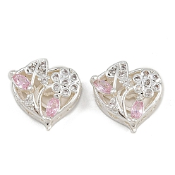 Pink Многожильные звенья из латуни с паве из кубического циркония, долговечный, цветочное сердце, серебряный цвет гальваническим, розовые, 11x11.5x6 мм, отверстие : 2 мм