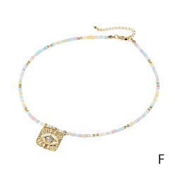 White Diamond Fashion Glass Rice Bead Necklace with Devil Eye Pendant - Short, Unique, Diamond Inlay