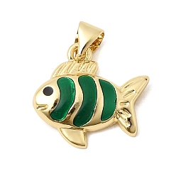 Зеленый Латунь эмаль подвески, рыбы прелести, с целью перехода в кольце, реальный 18 k позолоченный, долговечный, стойки покрытие, без свинца и без кадмия, зелёные, 16x17x3.5 мм, отверстие : 5x3.5 мм