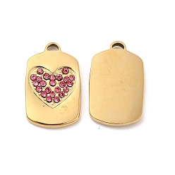 Rose Vacuum Plating 201 Stainless Steel with Rhinestone Pendants, Real 18K Gold Plated, Rectangle with Heart Pattern Charms, Rose, 20x12.5x2mm, Hole: 1.2x2.5mm