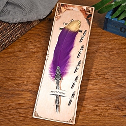 Purple Feather Quill Pen, Vintage Feather Dip Ink Pen, Zinc Alloy Pen Stem Writing Quill Pen Calligraphy Pen As Christmas Birthday Gift, Purple, 25~30cm