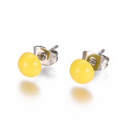 Yellow Spray Paint 304 Stainless Steel Stud Earrings, with Earring Backs, Half Round, Yellow, 6x3mm, Pin: 0.8mm