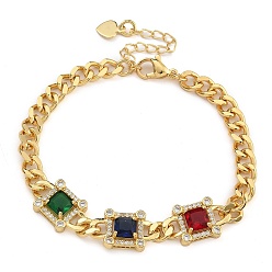 Разноцветный Латунь микро проложить кубические циркониевые браслеты, со стеклом, реальный 18 k позолоченный, квадратный, красочный, 7-1/8 дюйм (18.1 см)