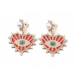 Red Crystal Rhinestone Heart with Evil Eye Dangle Stud Earrings with Enamel, Light Gold Plated Alloy Long Drop Earrings for Women, Red, 57mm, Pin: 0.8mm