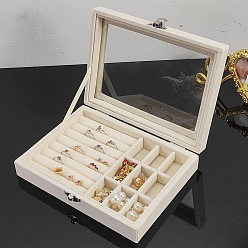 Bisque Velvet Jewerly Presentation Boxes, Jewelry Organizer Case with Visible Window, for Earrings Rings Necklaces Showing, Rectangle, Bisque, 15x20x5cm