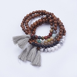 Mixed Stone Natural & Synthetic Mixed Stone & Wood Stretch Bracelets, with Cotton Thread Tassels Pendants, Stainless Steel Color, 2-3/8 inch(62mm)