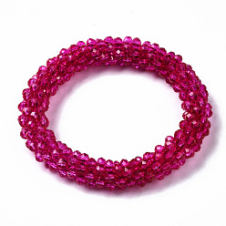 Deep Pink Faceted Transparent Glass Beads Stretch Bracelets, Torsade Bracelets, Rondelle, Deep Pink, Inner Diameter: 2 inch(5cm)