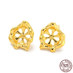 Real 18K Gold Plated Flower 925 Sterling Silver Stud Earring Findings, Earring Settings for Half Drilled Beads, with S925 Stamp, Real 18K Gold Plated, 11.5x11mm, Pin: 10x0.7mm and 0.7mm(for Half Drilled Beads)