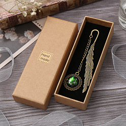 Lawn Green Alloy Feather Shape Bookmark, with Long Chain & Flat Round Pendant, Constellation Pattern, Lawn Green, 115mm