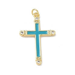 Темно-Голубой Латунные микро проложить кубического циркония подвески, с эмалью, крест прелести, долговечный, без кадмия и без свинца, стойки покрытие, реальный 18 k позолоченный, глубокое синее небо, 33x21x2.5 мм, Перейти кольцо: 5x1 мм, внутренний диаметр: 3 мм