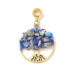 Lapis Lazuli Natural Lapis Lazuli European Dangle Charms, Large Hole Pendant, with Alloy Findings, Flat Round with Tree of Life, Antique Golden, 39mm, Pendant: 28.5x25x5~7mm, Hole: 4.5mm