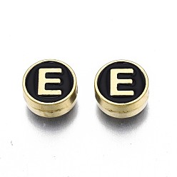 Letter E Alloy Enamel Beads, Cadmium Free & Lead Free, Light Gold, Flat Round with Alphabet, Black, Letter.E, 8x4mm, Hole: 1.5mm