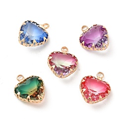 Mixed Color Brass with K9 Glass Pendants, Golden Heart Charms, Mixed Color, 15.5~16.5x12.5x5.5mm, Hole: 1.8mm