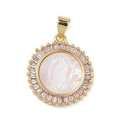 Pink Религия латунь микро проложить цирконий подвески, с оболочкой, плоский круглый со святыми подвесками, стойки покрытие, долговечный, без кадмия и без свинца, реальный 18 k позолоченный, розовые, 21.5x18.5x3.5 мм, отверстие : 4.5x3.5 мм