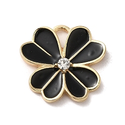 Black Flower Alloy Enamel Pendants, with Rhinestone, Light Gold, Black, 19x19.5x3mm, Hole: 4x2.5mm
