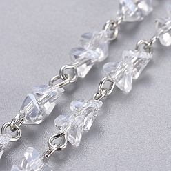 Clear Handmade Faceted Electroplate Glass Beaded Chains, Unwelded, with Platinum Tone Iron Eye Pin, Clear, 15x6mm, 39.37 inch(1m)/strand