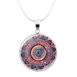 PeachPuff Glass Mandala Flower Dome Pendant Necklace, Platinum Brass Jewelry for Women, PeachPuff, 24.21 inch(61.5cm)