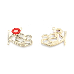 Light Gold Alloy Rhinestone Pendants, with Enamel, Word Kiss with Lip, for Valentine's Day, Light Gold, 28x34x2mm, Hole: 2mm