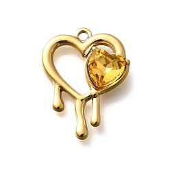 Цитрин 304 подвески из нержавеющей стали, со стразами, реальный 18 k позолоченный, ионное покрытие (ip), сердце, цитрин, 25.5x19.5x5.5 мм, отверстие : 2 мм
