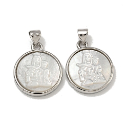 Платина Стойки с латунным покрытием, подвески из натуральных белых ракушек с паве, плоские круглые прелести, платина, 20x17x3.5 мм, отверстие : 5 мм