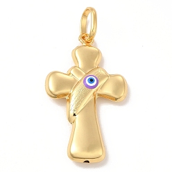 Dark Orchid Brass Pendants, with Enamel, Real 18K Gold Plated, Long-Lasting Plated, Cross with Evil Eye Charm, Dark Orchid, 40x26x7mm, Hole: 10x7mm