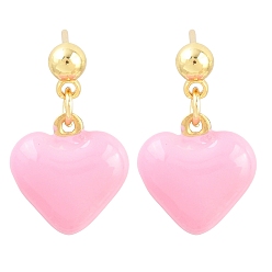 Pink Серьги-гвоздики в форме сердца из латуни с эмалью ко Дню святого Валентина, без свинца и без кадмия, долговечный, стойки покрытие, реальный 18 k позолоченный, розовые, 20.5x12 мм
