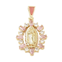 Pink Religion Brass Pave Cubic Zirconia Pendants, with Enamel, Oval with Virgin Charms, Lead Free & Cadmium Free, Long-Lasting Plated, Rack Plating, Real 18K Gold Plated, Pink, 36mm, Pendant: 29x20x4mm, Hole: 5.5x3mm