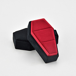 Black Halloween Theme Velvet Ring Boxes, Hexagon Coffin Gift Case for Couple Ring Storage, Black, 9.2x5.5x4.5cm