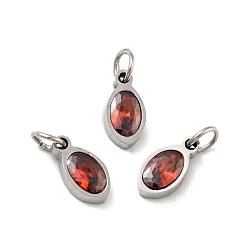 FireBrick 304 Stainless Steel Pendants, with Cubic Zirconia and Jump Rings, Single Stone Charms, Oval, Stainless Steel Color, FireBrick, 10x5x3mm, Hole: 3.4mm
