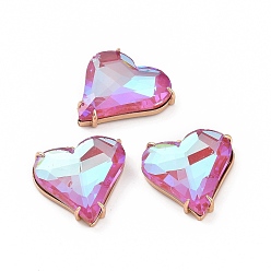 Hot Pink Brass Cubic Zirconia Pendants, Heart Charm, Light Gold, Hot Pink, 27x26x7mm, Hole: 2mm