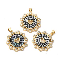 Черный Латунные микро проложить кубического циркония подвески, с эмалью и ракушкой, долговечный, без свинца и без кадмия, реальный 18 k позолоченный, сердце с круглой тартаном, чёрные, 29x25x3 мм, отверстие : 4x5 мм