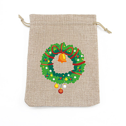 Christmas Wreath Rectangle Christmas Themed Burlap Drawstring Gift Bags, Gift Pouches for Christmas Party Supplies, BurlyWood, Christmas Wreath, 14x10cm