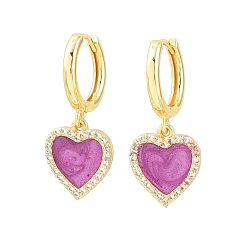 Orchidéeée Moyen Boucles d'oreilles créoles pendantes en laiton serties de micro-pavés de zirconiums cubiques, cœur, avec l'émail, sans plomb et sans cadmium, crémaillère plaquage, plaqué longue durée, réel 18 k plaqué or, moyen orchidée, 28x12mm