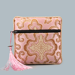 Pink Chinese Style Square Cloth Zipper Pouches, with Random Color Tassels and Auspicious Clouds Pattern, Pink, 12~13x12~13cm