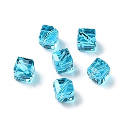 Deep Sky Blue Glass Imitation Austrian Crystal Beads, Faceted, Square, Deep Sky Blue, 7x7x7mm, Hole: 1mm