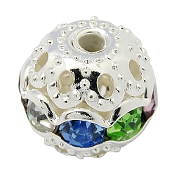 Colorful Brass Rhinestone Beads, Grade A, Nickel Free, Silver Metal Color, Round, Colorful, 12mm in diameter, Hole: 1.5mm