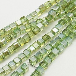 Lawn Green Electroplate Glass Beads Strands, Half Plated, Faceted Cube, Lawn Green, 6x6x6mm, Hole: 1mm, about 100pcs/strand, 22.4 inch
