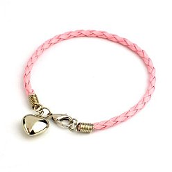 Pink PU Leather Braided Charm Bracelets, with CCB Plastic Pendants and Alloy Lobster Claw Clasps, Pink, 180mm