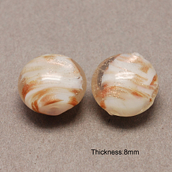 White Handmade Gold Sand Lampwork Beads, Flat Round, White, 12x8mm