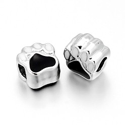 Black Nickel Free & Lead Free Silver Color Plated Alloy Enamel European Beads, Large Hole Beads, Dog Paw Print, Black & White, 11x10x7mm, Hole: 4.5mm