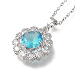 Голубой 304 из нержавеющей стали кабель цепи ожерелья, латунные прозрачные кубические циркониевые ожерелья с подвесками в виде цветка, платины и нержавеющая сталь цвет, голубой, 17.91 дюйм (45.5 см)