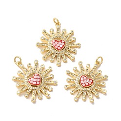 Красный Подвески «Солнце с сердцем» из латуни с микропаве и цирконием, с эмалью и ракушкой, долговечный, без свинца и без кадмия, реальный 18 k позолоченный, с прыжковых колец, красные, 28x26x4 мм, отверстие : 3 мм