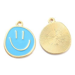 Sky Blue Alloy Enamel Pendants, Golden, Flat Round with Smiling Face Charm, Sky Blue, 24.5x20x1.5mm, Hole: 2mm
