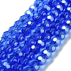 Blue Electroplate Glass Bead Strands, Pearl Luster Plated, Faceted(32 Facets), Round, Blue, 8x7mm, Hole: 1mm, 67~69pcs/strand, 19.29~19.69 inch