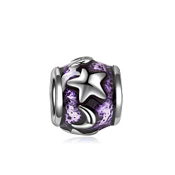 Medium Purple Alloy Enamel European Beads, Large Hole Beads, Rondelle with Star & Moon, Medium Purple, 10x9mm
