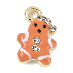 Gingerbread Man Рождественские эмали сплава подвески, со стразами, стойки покрытие, без кадмия и без свинца, золотые, очаровательные пряничные человечки, 13x8.5x3 мм, отверстие : 1.6 мм