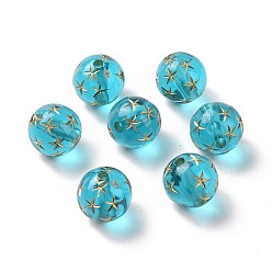 Turquoise Transparent Acrylic Beads, Golden Metal Enlaced, Round, Turquoise, 12mm, Hole: 2mm, about 517pcs/500g
