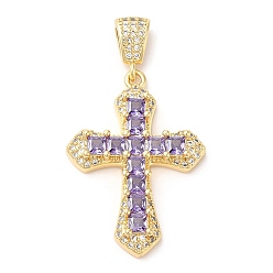 Purple Rack Plating Brass Pendants, Glass with Cubic Zirconia, Lead Free & Cadmium Free, Long-Lasting Real 18K Gold Plated, Cross, Purple, 32.5x23x5mm, Hole: 4x2.5mm