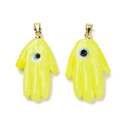 Yellow Handmade Lampwork Pendants, with Real 18K Gold Plated Brass Findings, Cadmium Free & Lead Free, Hamsa Hand/Hand of Miriam with Evil Eye, Yellow, 30x17x5.5mm, Hole: 5x3.5mm